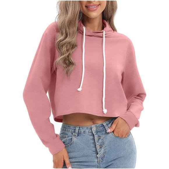 Womens Casual Drawstring Zip Up Hoodie Cute Workout Crop Top - Picture 5 of 6